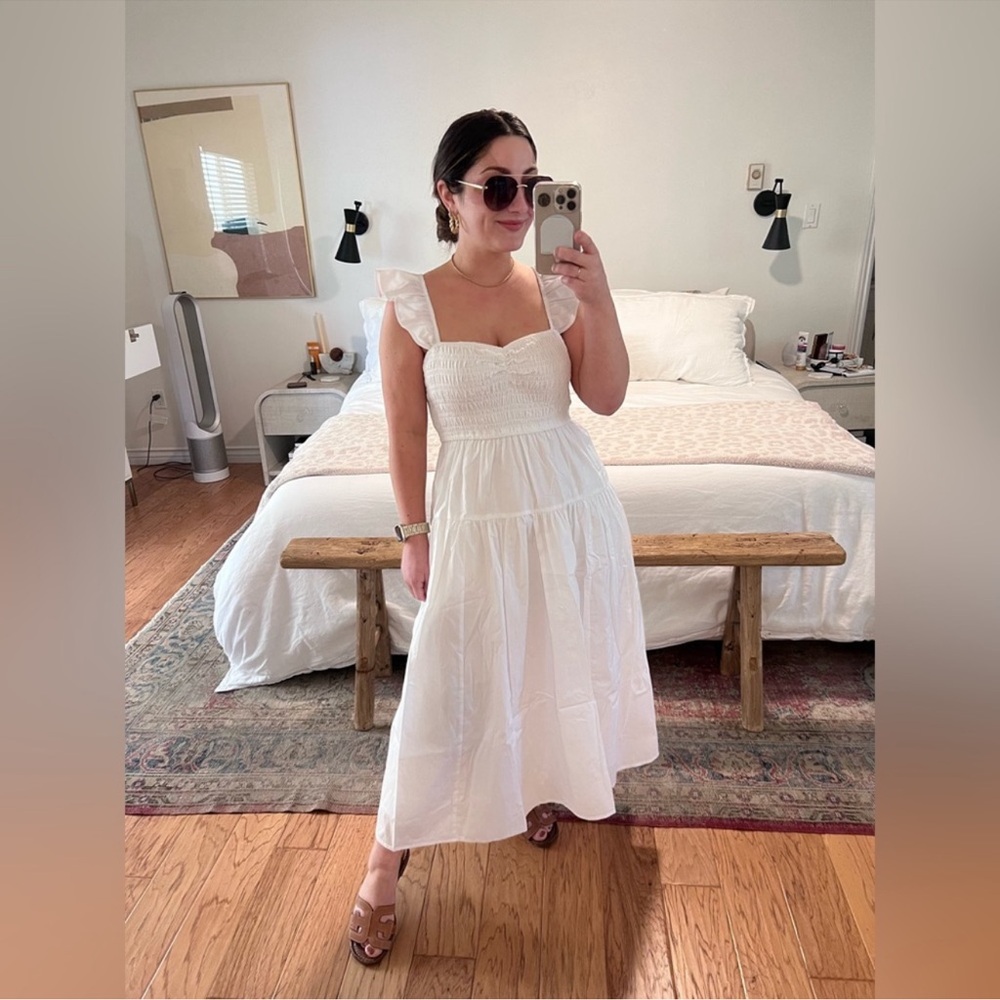 Abercrombie and Fitch White Ruffle Strap Smocked Poplin Midi Dress Costal Beachy - Picture 2 of 12